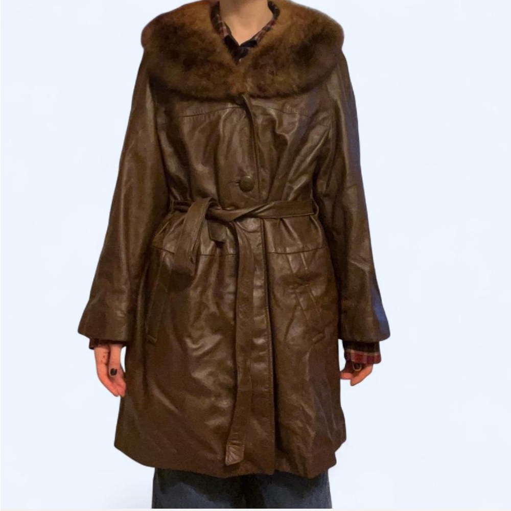 Brown Leather Coat with Fur Collar